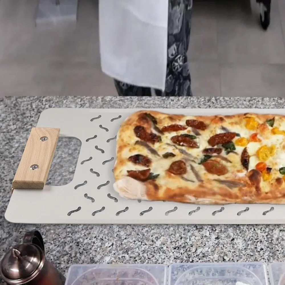 Perforated Rectangular Metal Pizza Peel Paddle with Wooden Handle 20 x 11